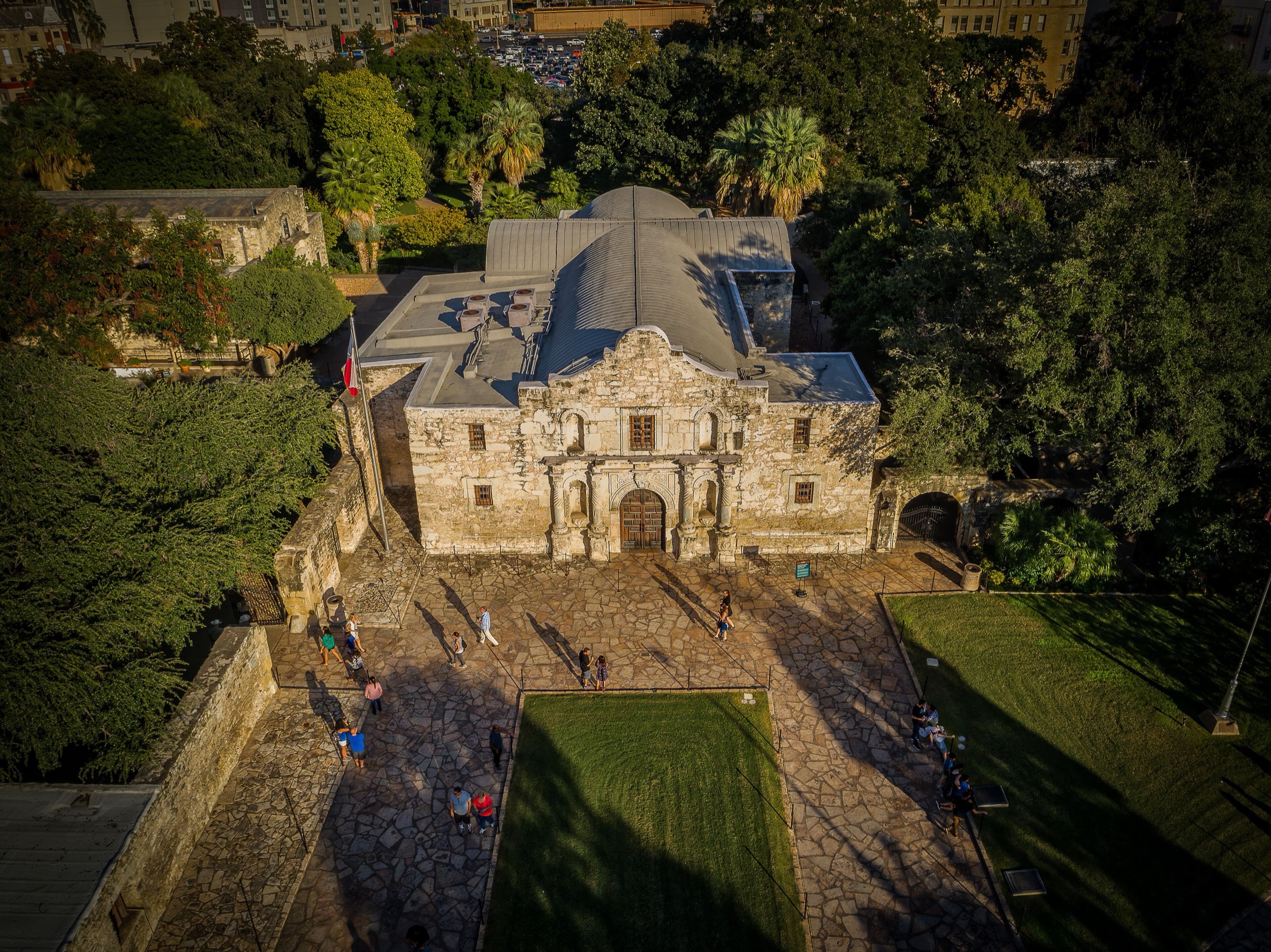Aerial view of the Alamo and Alamo Plaza