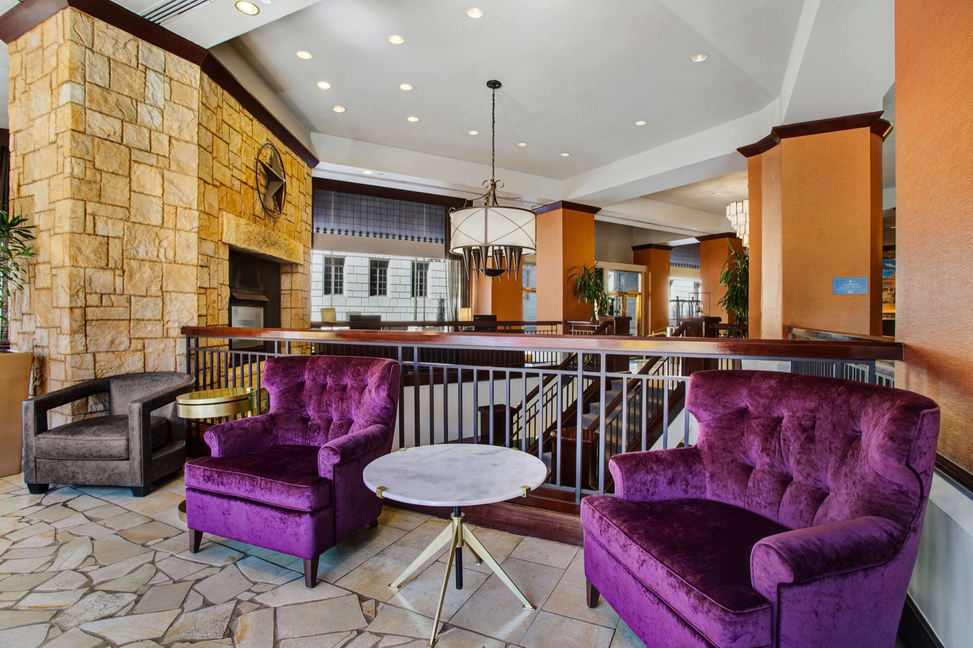 Lobby lounge with stone fireplace