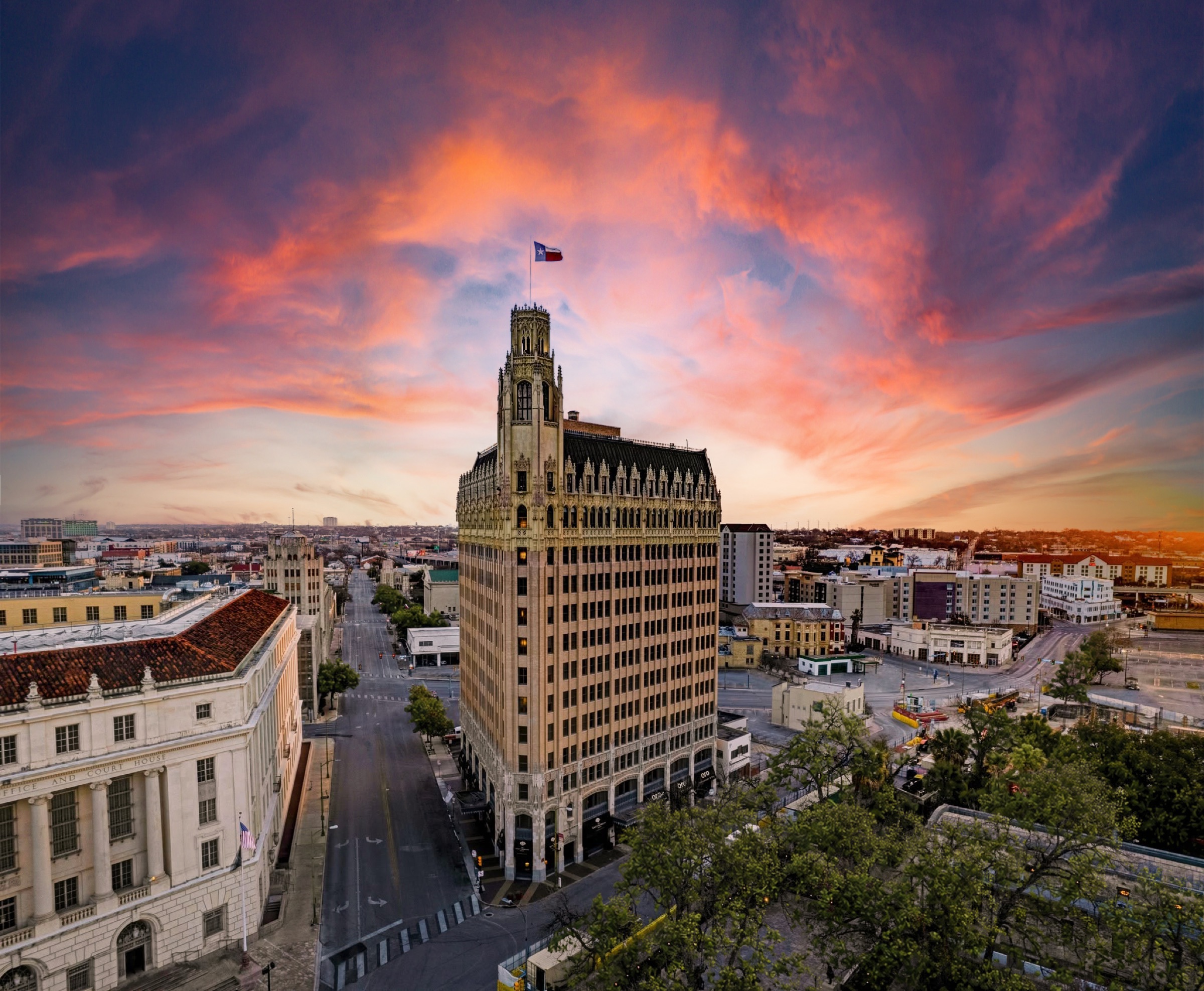 The Emily Morgan Hotel tower at sunset overlooking downtown San Antonio